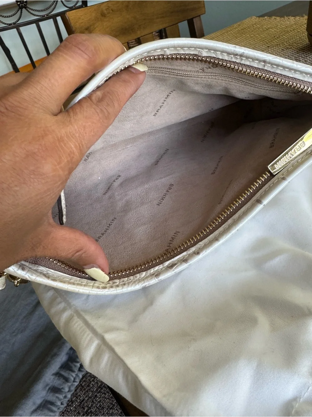 Brahmin White Croc-Embossed Leather Wristlet/ clutch bag